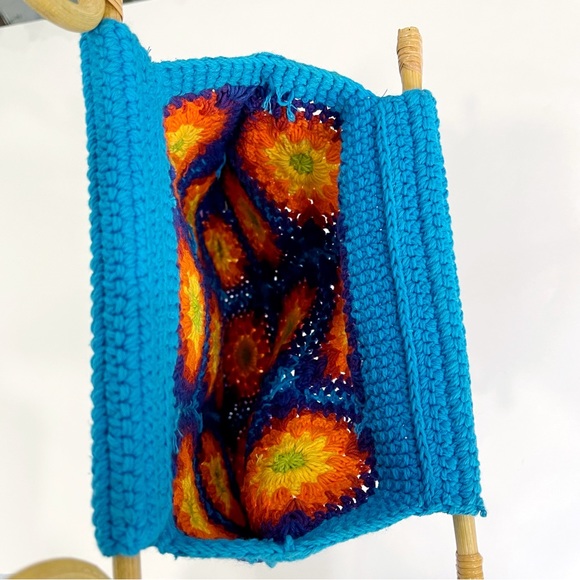Crochet rainbow granny square bamboo purse turquoise Festival Bag - Picture 4 of 7